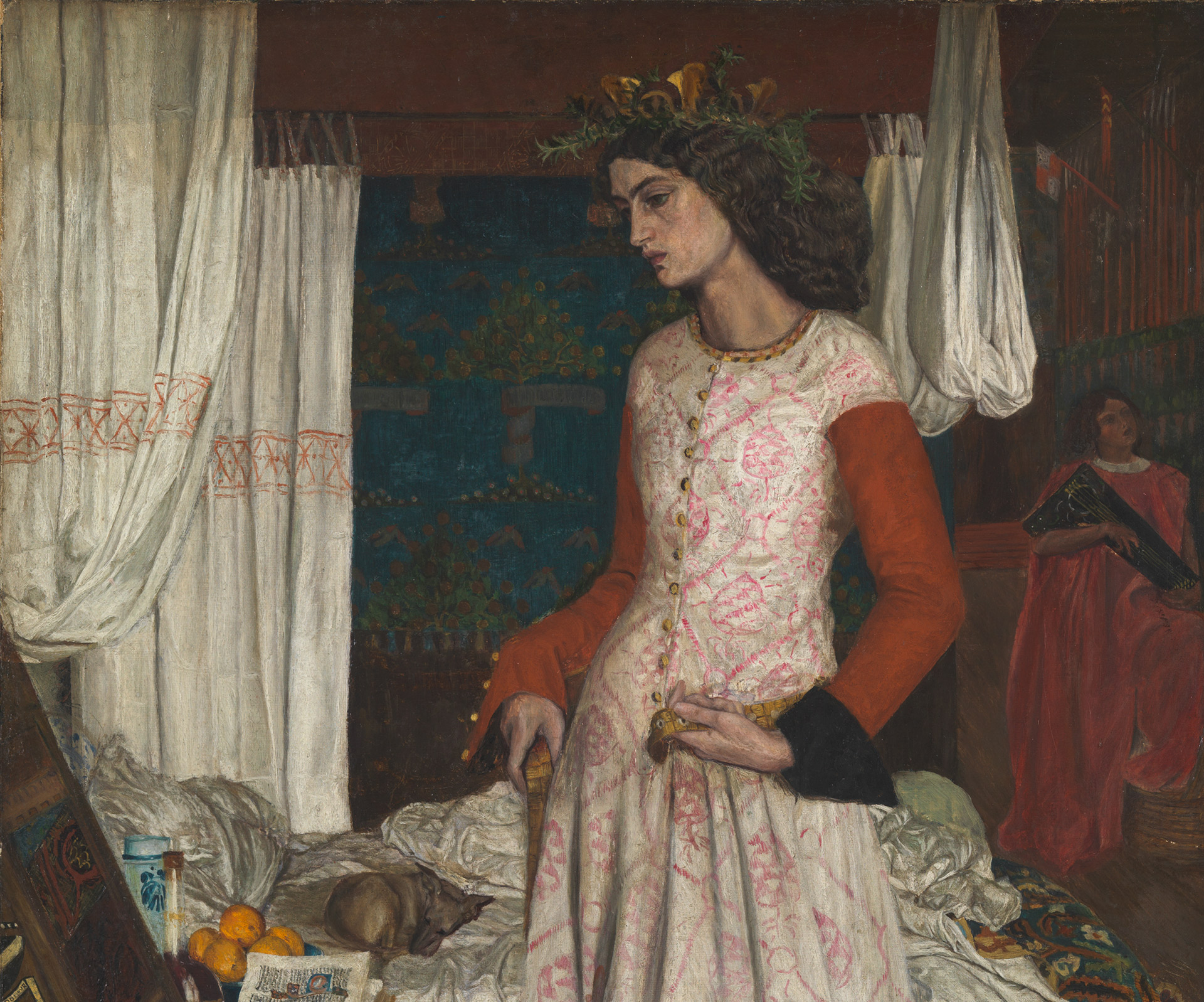La Belle Iseult by William Morris. A woman stands looking at a mirror, wearing a white, pink and red dress and headress.