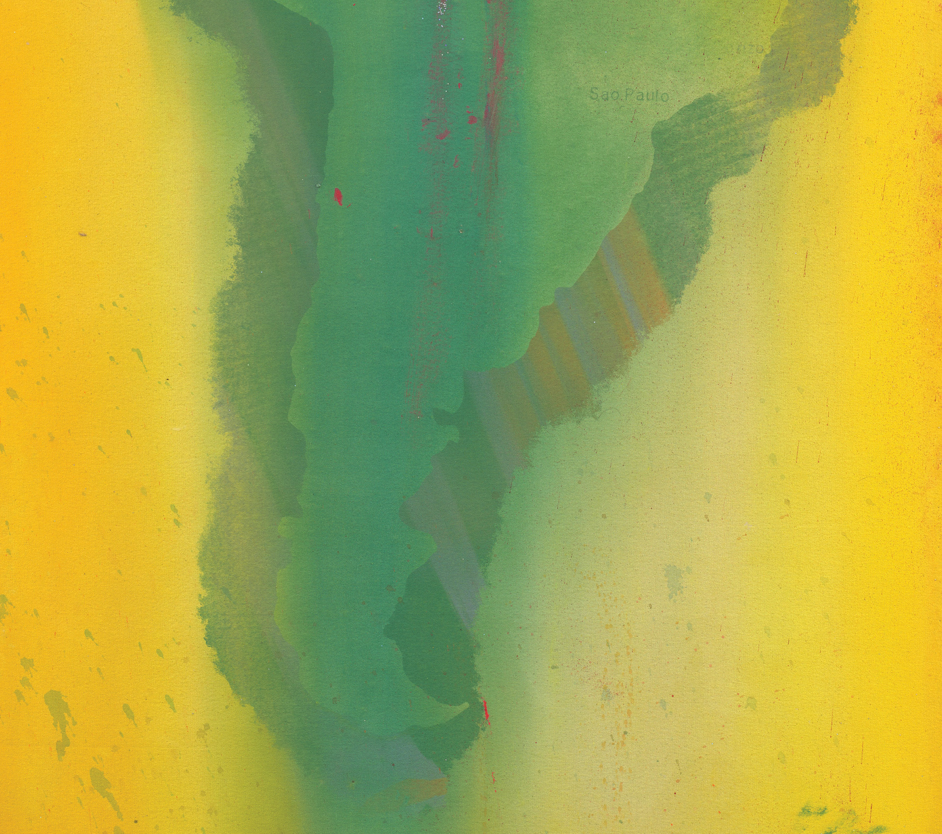 Yellow Map, 2025, Acrylic on canvas with marouflage, 161.5 x 107.3 x 4.5 cm. Courtesy the artist. Photographed by Anna Arca. © Frank Bowling. All rights reserved, DACS 2025