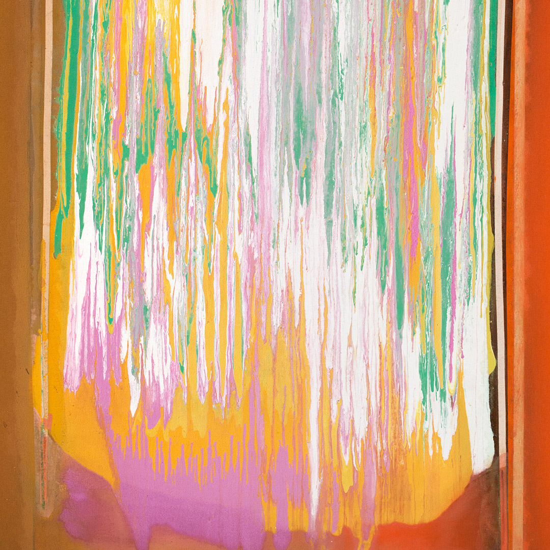 Lenoraseas, 1976, acrylic on canvas, 223 x 118 cm. Courtesy the artist. Photographed by Charlie Littlewood. © Frank Bowling. All rights reserved, DACS 2025.